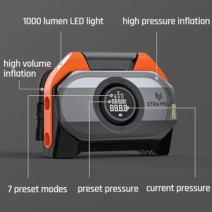 ETENWOLF VORTEX S6 Tire Inflator Portable Air Compressor for Heavy-duty Vehicles, Cordless Air Pump for Car & Inflatables with 19200 mAh Battery, 100% Duty Cycle & Dual Cylinder Bike Pump, Dark Cyan