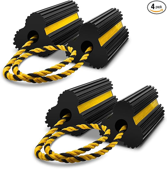 ROBLOCK 2 Pairs Wheel Chocks Heavy-Duty Rubber Wheel Block Non-Slip Base with Nylon Rope Yellow Reflective Tape - 4 Pack Wheel Stopper for Travel Trailers, Car, Camper, Truck, Black