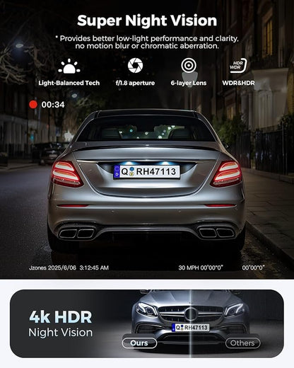 Dash Cam Front and Rear: 4K+1080P FHD Dual Dash Camera for Cars with Night Vision, 2 Channel HDR Dash Camera, 24H Parking Mode Car Camera, Built-in GPS, WiFi 6, Free 64GB Card