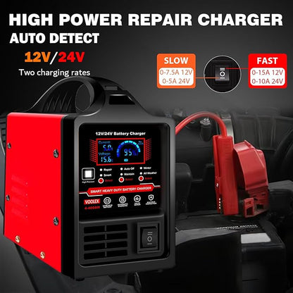 Voolex Car Battery Charger 12V 24V Portable Automotive Trickle Charger Battery Maintainer for AGM Car Truck Motorcycle RV Deep Cycle Repair, Winter Mode(for Lead Acid Batteries)