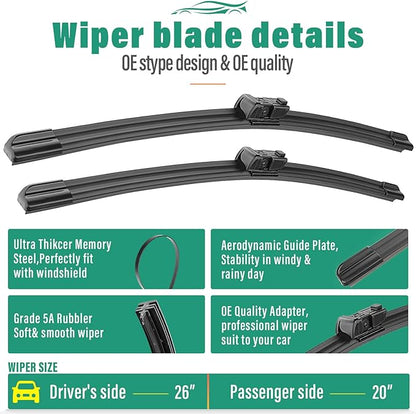 26" 20" 14" Windshield Wiper Blades Replacement for Volvo XC60 2012 2013 2014 2015 2016 2017 Premium All Weather Front Rear Wipers Set - OEM Quality (Pack of 3)