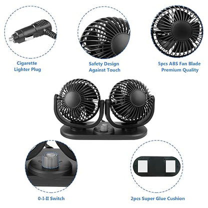 12V Car Fans Cooling Air Fan Powerful Dashboard Electric Dual Car Fan Cigarette Lighter Low Noise 360 Degree Rotatable for Truck Vehicle Boat Van SUV RV
