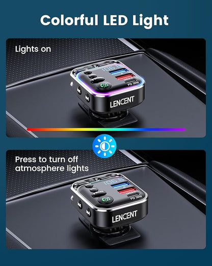 LENCENT Bluetooth 5.3 FM Transmitter Car Adapter 48W (PD30W & QC18W) Fast Charger, Light Switch, HiFi Bass Sound Audio Receiver Wireless Radio MP3 Music Player, Hands-Free Calling, Support USB Drive