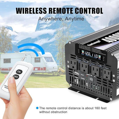 4000 Watt Power Inverter, Car Inverter 12V DC to 110V/120V AC Converter with LCD Display, 4 AC Outlets, USB Port & Remote Controller for RV, Truck, Off-Grid Solar System