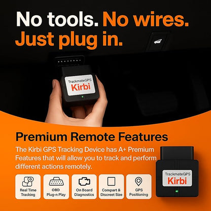 Kirbi OBD Tracker, GPS Tracker for Vehicles Real-Time Tracking, Worldwide Compatible Vehicle Tracker, Lightweight and Compact Car GPS Tracker, Plug-and-Play