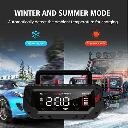 Haisito 20 Amp Lithium Battery Charger, 12V and 24V Lifepo4,Lead-Acid(AGM/Gel/SLA..) Portable Car Battery Charger,Battery Maintainer, Trickle Charger, and Battery Desulfator for Car,Boat, H-20-PRO