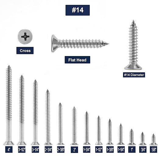 #14 x 1-1/4" Wood Screw 100Pcs 18-8 (304) Stainless Steel Screws Flat Head Phillips Fast Self Tapping Drywall Screws by SG TZH