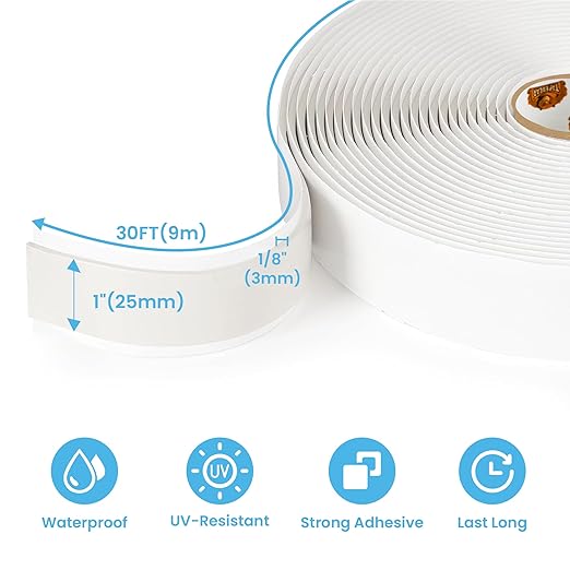 Butyl Tape 1 Inch x 30 Ft White, 1/8 in Thick Plumbers Putty Tape RV Sealant Window Sealing Leak Proof Double Sided Butyl Caulking for Boat Sealing, EDPM, Automotive, Camper