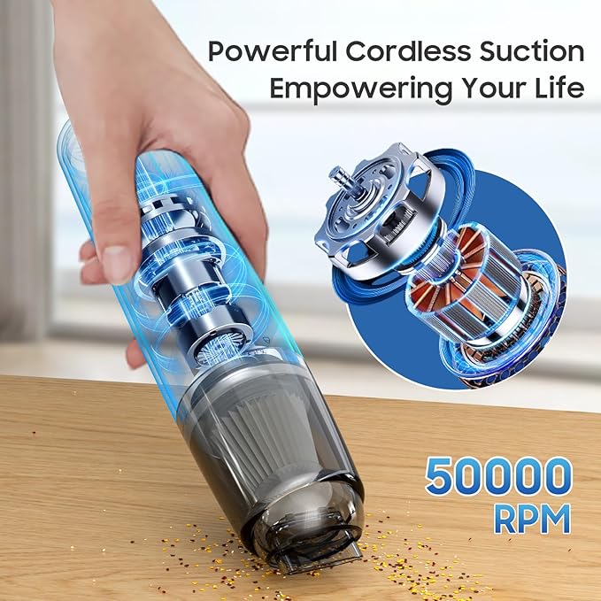 Handheld Vacuum Cordless, Car Vacuum Cleaner Portable with HEPA Filter, 2 Suction Modes, Mini Hand Held Vacuum Rechargeable for Car, Home, Pet Hair, Office, Desk, Keyboards (Black)