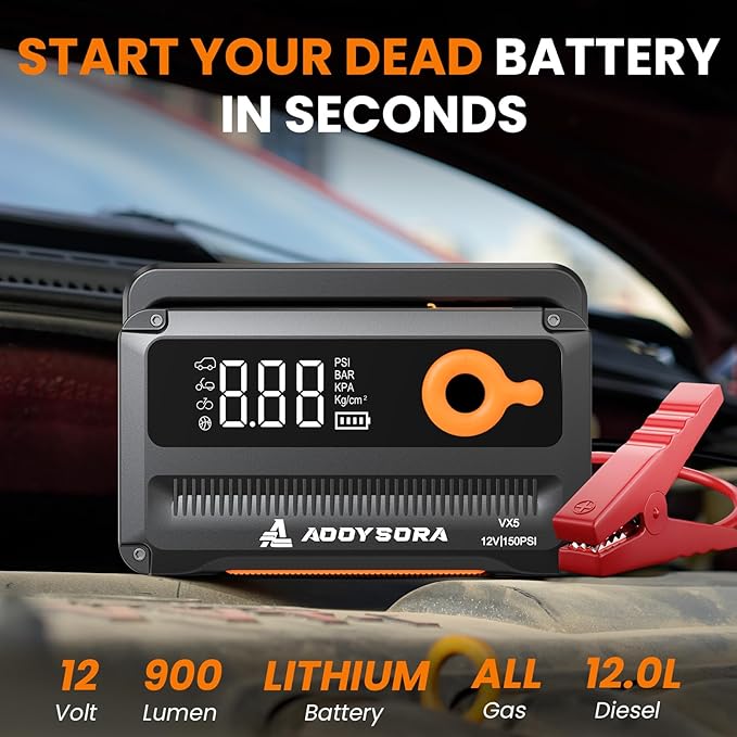 Car Battery Jump Starter with Air Compressor 6000A 150PSI Portable Car Battery Jump Starter (All Gas/12L Diesel) with Auto-Shutoff Tire Inflator, 12V Jump Box with Portable Jumper Cables