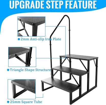 RV Step Stool, 3 Step Ladder, Hot Tub Steps with Handrail, Portable Pool Ladder, 660Lbs Heavy Duty Ladder Shelf Outdoor Mobile Home Stairs for Camper/Porch/SPA Pool/Pet Stairs(1 Pack)