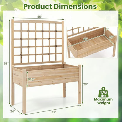 Giantex Raised Garden Bed with Trellis, Wooden Elevated Planter Box with Legs, Drainage Holes for Climbing Plants Vines Vegetables Flowers Herbs, Outdoor Horticulture Planter for Patio Yard (Natural)