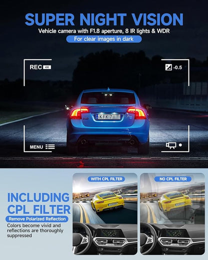 Dash Cam 4 Channel Front and Rear Inside, 360° Car Camera 4K UHD, Dash Camera for Cars Built-in Wi-Fi GPS, Dashcam with 64GB Card, Voice Control, CPL Filter, WDR Night Vision, 24H Parking Mode(V8PLUS)