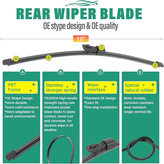 26" 18" 12" Windshield Wiper Blades Replacement for VW Volkswagen Taos 2022 2023 2024 Premium All Weather Front Rear Wipers Set - OEM Quality (Pack of 3)