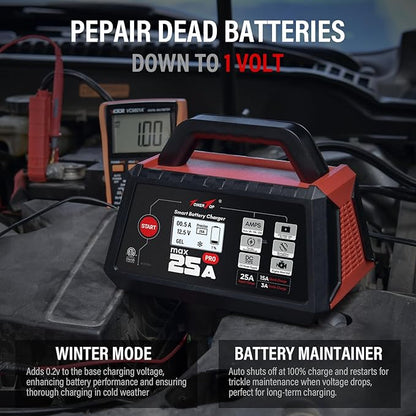 TowerTop 25A Max Pro Battery Charger: 12V Fully Automatic Smart Trickle Charger, Automotive Battery Maintainer with Engine Start, DC Supply, Winter Mode, Recondition,Desulfation, for Lead Acid/Lithium