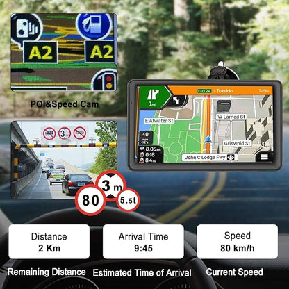 GPS Navigator for Car Truck RV – 9'' HD Touchscreen, Latest 2025 Map with Custom Truck Routing, Lane Guidance, Turn-by-Turn Voice Directions, Speed & Red Light Alerts, Free Lifetime Updates