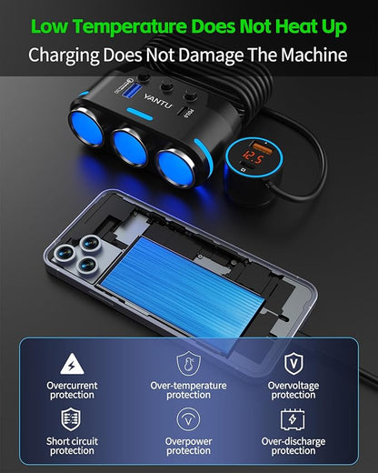 YANTU Cigarette Lighter Adapter/Splitter with PD&QC3.0 230W,Double/Dual USB C Car Charger Fast Charging 12V Outlet,Multi Socket Splitter with Ambient Lights/Independent Switches for Cars/Trucks/RVs