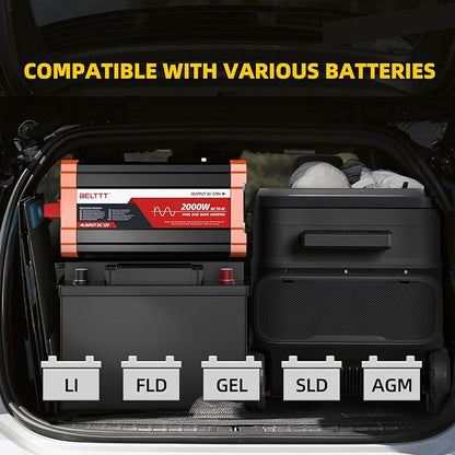 BELTTT 2000W Pure Sine Wave Inverter, Car Power Inverter 12V to 120V AC Converter for RV, Truck, Solar, Outdoor with Dual AC and 20A Socket, 5V 2.1A USB, Surge 4000W, Hardwire Port, Remote Controller