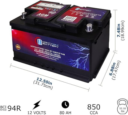 Mighty Max Battery MM-H7 Start and Stop Car BCI Group Size 94R 12V 80AH, 140RC, 850 CCA Rechargeable AGM Car Battery