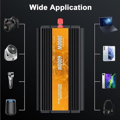 3000W Power Inverter,Peak Power 6000W 12V DC to AC 110V120V,Remote Control with 2AC Outlets and 2.4USB Port,LCD Display for Power Converter,Outdoor Activities,Emergency,Vehicles Truck RV Solar System
