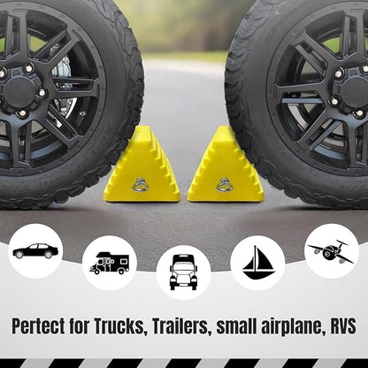 Premium 4 pcs Heavy Duty Wheel Tire Chocks, Vehicle Chocks with Eyebolt for Travel Trailers, Camper, Truck, Car and ATV 4 Pack, Yellow
