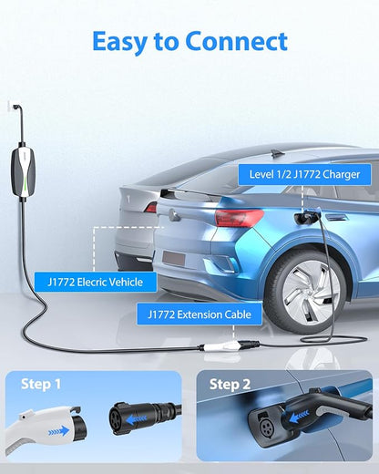 EV Charger Extension Cable, 21ft 40Amp J1772 Extension Cable Compatible with 110V-240V SAE J1772 EV Chargers, Suitable for J1772 EVs/PHEVs, Level 1/ Level 2 IP66 Car Charger Extension Cord with Bag