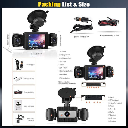 4 Channel Dash Cam Front and Rear Inside Left Right,2.4 Inch 1080P Dash Camera for Cars Car Camera with IR Night Vision,Loop Recording,G-Sensor,Parking Assistance,24H Parking Monitor