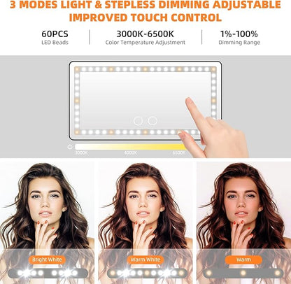 Car Sun Visor Vanity Mirror, with 3 Light Modes & 60 LEDs - Rechargeable Dimmable Clip-on Rear View Sun-Shading Cosmetic Makeup Mirror, Universal for Car SUV(Black)