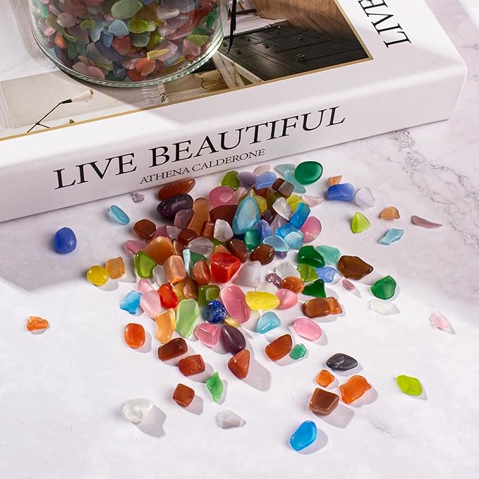 0.5 Lb/230g Multicolor Cat Eye Stones Pebbles Polished Aquarium Rocks Gravel, 7-9mm Natural Gemstones Tumbled Chips Bulk for Aquarium, Vase Fillers, Succulent Plants Decor