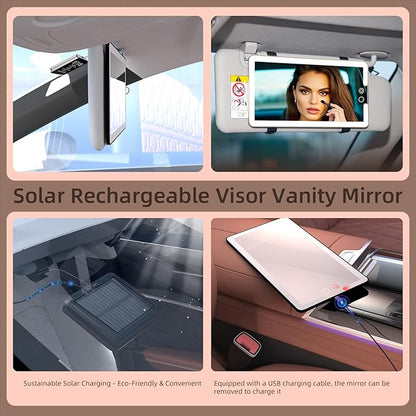 Solar Car Sun Visor Vanity Mirror, Sun Visor Makeup Mirror for Car,Dimmable with 3 Light Modes