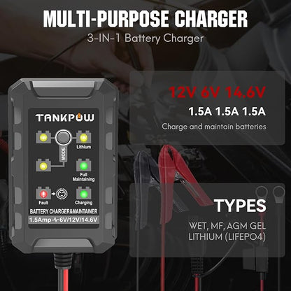 1.5-Amp Smart Car Battery Charger,6V and 12V Automotive Battery Charger Battery Maintainer,Trickle Charger,Float Charger for Cars,Motorcycle,ATV,AGM,Gel,Lithium and Deep Cycle Batteries