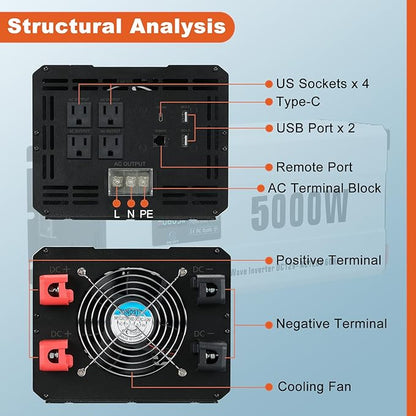 5000 Watts Power Inverter Peak 10KW, Pure Sine Wave 12V DC to 120V AC Off Grid Solar Inverter with Wireless Remote Control LCD Display 4 AC Outlets Hardwire Terminal for Home RV Camping