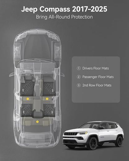 3W Floor Mats Fit for 2017-2025 Jeep Compass, TPE All Weather Custom Fit First and Second Rows Full Set Car Mats, Black