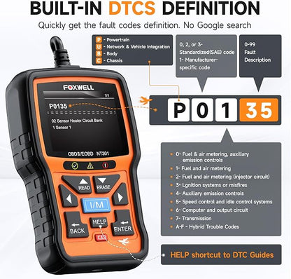 FOXWELL NT301 OBD2 Scanner Graphing Live Data Diagnostic Code Reader Professional Mechanic OBDII Scan Tool for Check Engine Light 2.8'' Color Screen OBD II Scanner for 1996 or Newer Vehicle