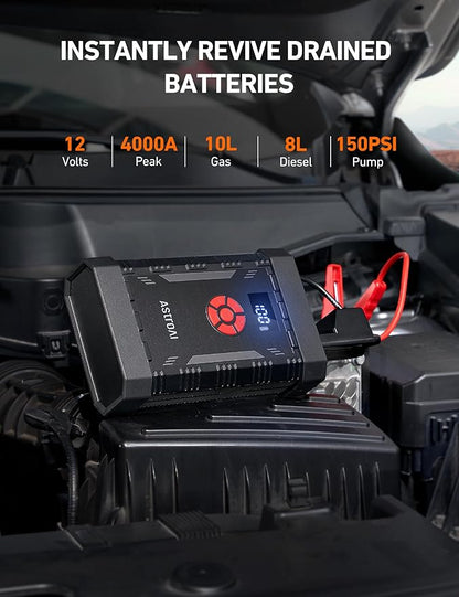 AstroAI A30 Jump Starter with Air Compressor, 4000A & 150PSI Portable Car Battery Jump Starter (10.0 Gas/8.0L Diesel) with Tire Inflator, 12V Battery Charger, 18W Quick Charge, Jumper Cables, Lights