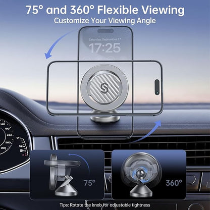 SYNCWIRE for MagSafe Car Mount - Kevlar Material Magnetic Phone Holder for Car Dash,360° Rotation Strong Magnets Car Phone Holder Compatible iPhone 16 Pro Max 15 14 13,Android MagSafe Car Accessories