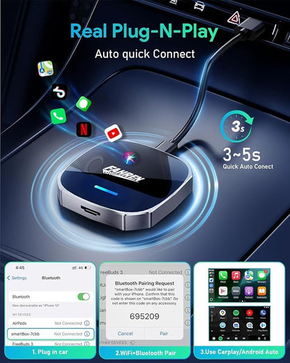FAHREN 3rd-Gen Wireless CarPlay Adapter for iPhone& Android Auto, Support Netflix/YouTube, Mini Android Auto Wireless Adapter, Plug & Play,Only Fit with The 2018+ Cars with OEM Wired CarPlay