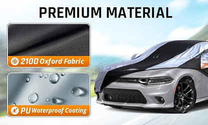 Dodge Charger Car Cover Waterproof All Weather with Silver Strip Design, Custom Fit for Dodge Charger 2006–2023, Charger Accessory with Door Zipper & Windproof Straps