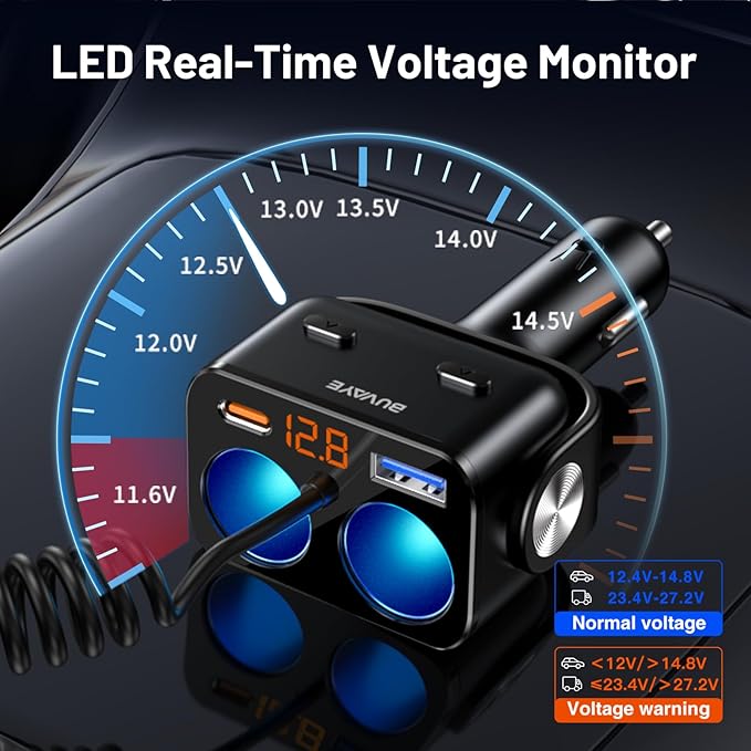 5 in 1 Cigarette Lighter Splitter with 5ft Coiled Cable, 2-Socket Cigarette Lighter Adapter, Dual Car Charger Splitter, 12V/24V Splitter for iPhone/iPad//GPS/Dash Cam/Laptop