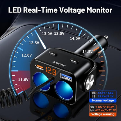 5 in 1 Cigarette Lighter Splitter with 5ft Coiled Cable, 2-Socket Cigarette Lighter Adapter, Dual Car Charger Splitter, 12V/24V Splitter for iPhone/iPad//GPS/Dash Cam/Laptop