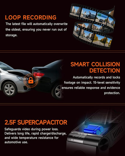 4K Dash Cam Front and Inside, 360 Camera for Car 2-Channel Dashcam 160°+185° Ultra Wide Angle, 4K/2.5K WDR, IR Night Vision, WiFi & APP Control, GPS, G-Sensor, 64GB Card, GT820 Black