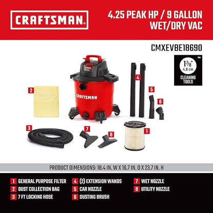 CRAFTSMAN CMXEVBE18690 9 Gallon 4.25 Peak HP Wet Dry Vac, Portable Shop Vacuum Wet and Dry with Filter, Dust Bag, Dusting Brush, Hose and Attachments for Home, Garage and Automotive Cleaning