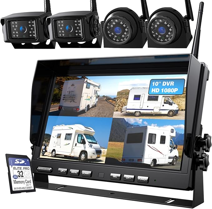10'' 1080P Wireless Backup Camera System, 10 Inch DVR Quad Split Monitor Wireless Rear Side View Cameras, IP69 Waterproof Digital Signal Record System for RV/Truck/Trailer/Camper-BW104SL