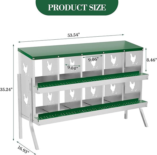 10 Hole Chicken Nesting Box with Roll Out Egg Tray, Rustproof & Ventilated Chicken Laying Boxes for Hens, Chickens, Ducks | Easy-Clean Poultry Coop Accessories, Green with Stand