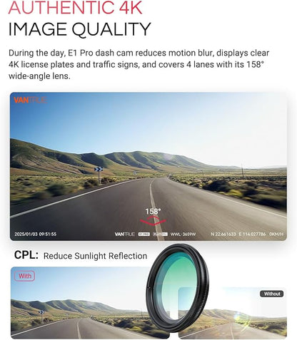 Vantrue E1 Pro 4K Mini Dash Cam Front, STARVIS 2 PlatePix HDR Night Vision Car Camera, Built-in 5G WiFi GPS, 1.54'' IPS Screen, LTE Support, Voice Control, 24/7 Buffered Parking Mode, Support 1TB Max