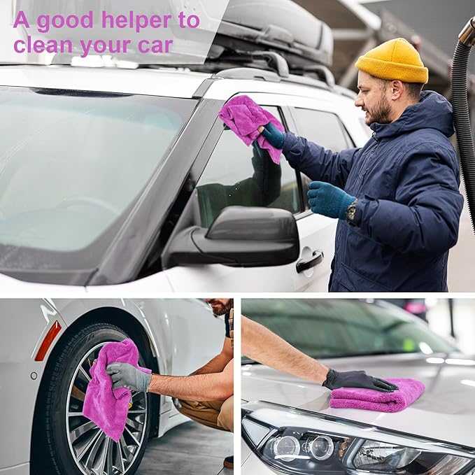 Shimeyao 30 Pcs Edgeless Microfiber Plush Towels for Cars Detailing Drying Wash Polishing Absorbent Cleaning Cloths, 500 GSM, 16 x 16 Inch(Purple)