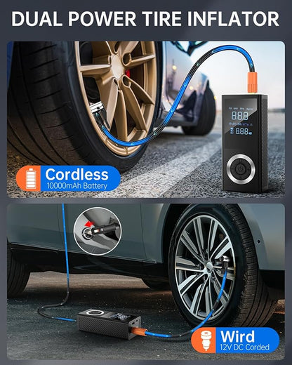 Tire Inflator Portable Air Compressor, 150 PSI Smart Air Pump for Car Tires with Digital Pressure Gauge, LED Light, 12V Car Power Adapter, Storage Box