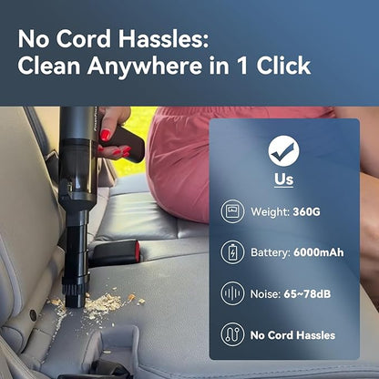 Car Vacuum Portable Cordless, Mini Handheld Vacuum Cleaner for Pet Hair/Car/Home, Suction & Blow 2 in 1, 22KPa High Power, 6000mAh, Small Lightweight Gadget, Type-C Rechargeable.