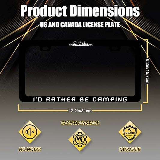 I'd Rather be Camping License Plate Frame Funny Camper License Plate Holder for Personalized Mountain Car Decorative Stainless Steel License Plate Camp Auto Part with Screws 12.2" x 6.2"