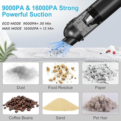 Handheld Vacuum Cordless, 16000pa Car Vacuum Cleaner High Power, 2 Speed Modes Mini Vacuum Cleaner with 2 Filters, Car Vacuum Portable Cordless with Air Blower for Home Office Pet Hair